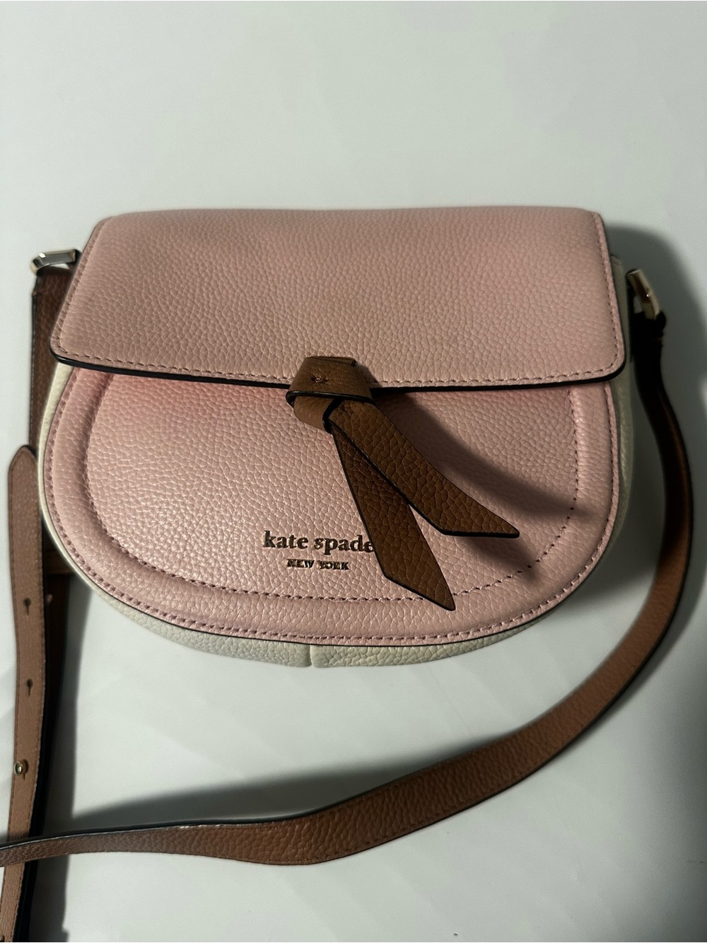 Kate Spade Pink and Brown Color Block Med. Leather Crossbody Saddle Bag